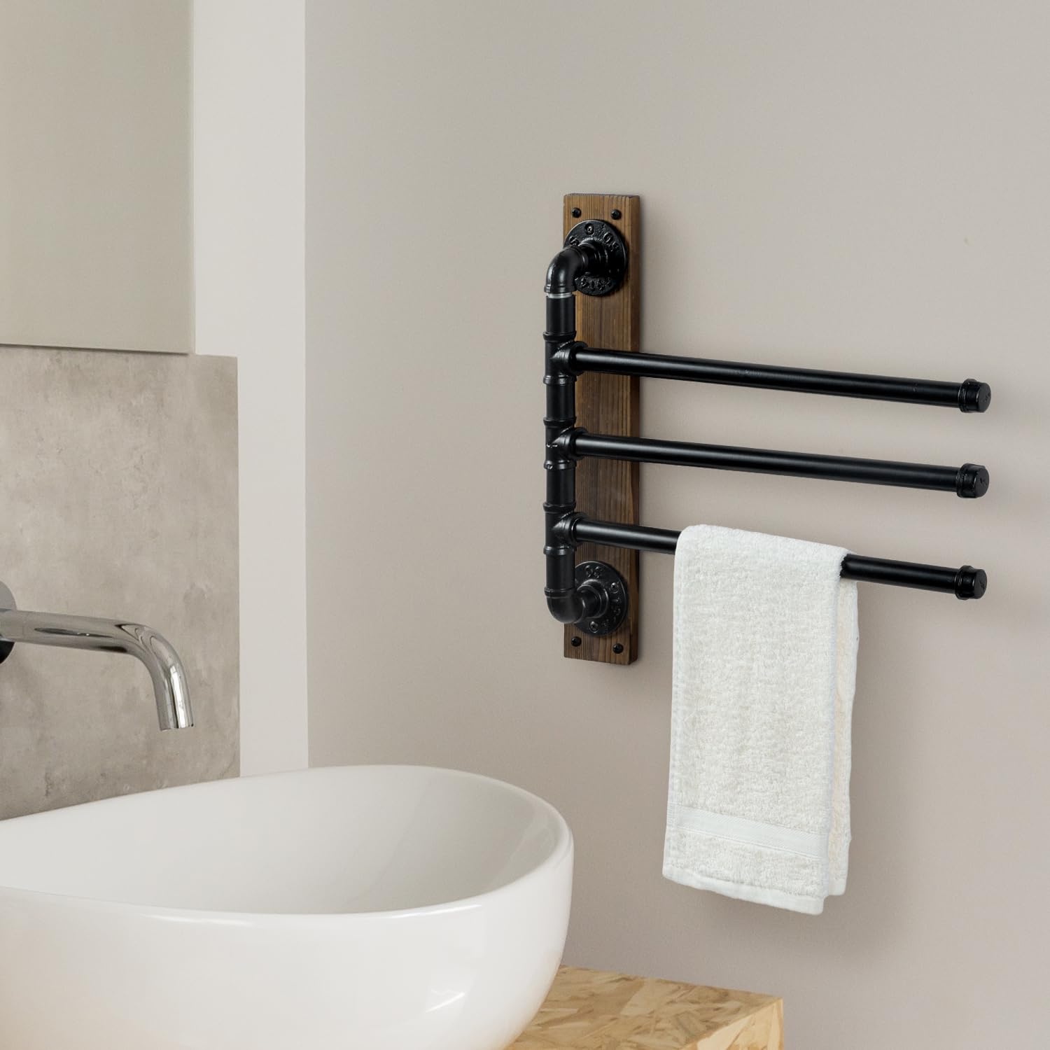 Mygift 3 Tier Wall Mounted Swivel Bathroom Towel Rack With 180 Degree Swing Industrial Matte Black Metal Pipe Bars On Rustic Bur